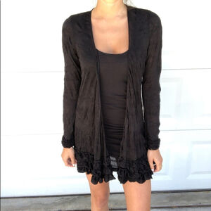 Eileen Fisher black mesh open front ruffled cardigan